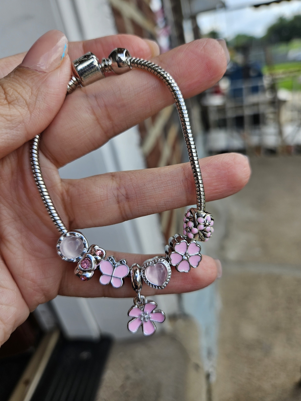 Silver Bracelet with Pink Floral Charms